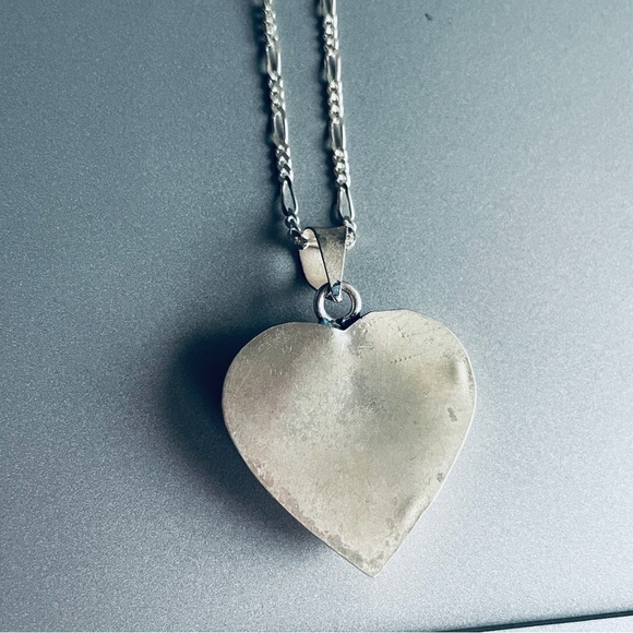 Mexico Turquoise Inlay Puffy Heart Sterling Silver Pendant Necklace - Picture 5 of 8